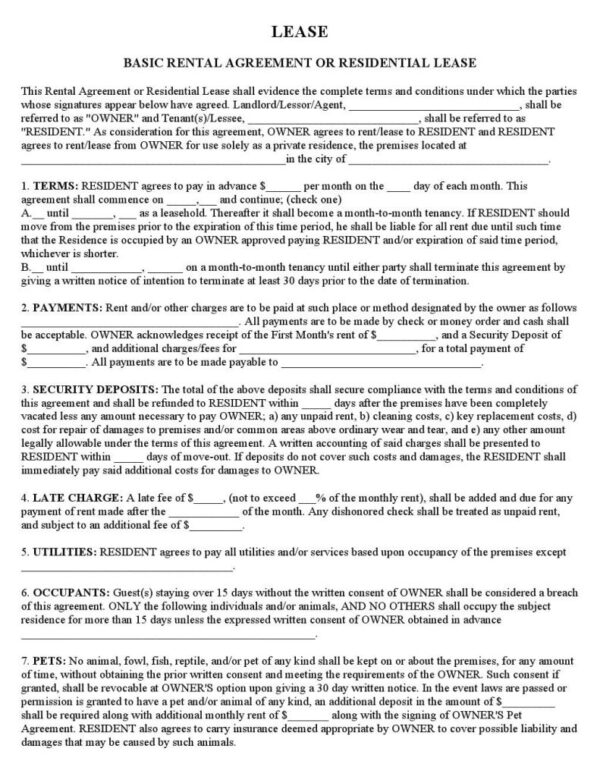 Printable Basic Blank Residential Lease Agreement