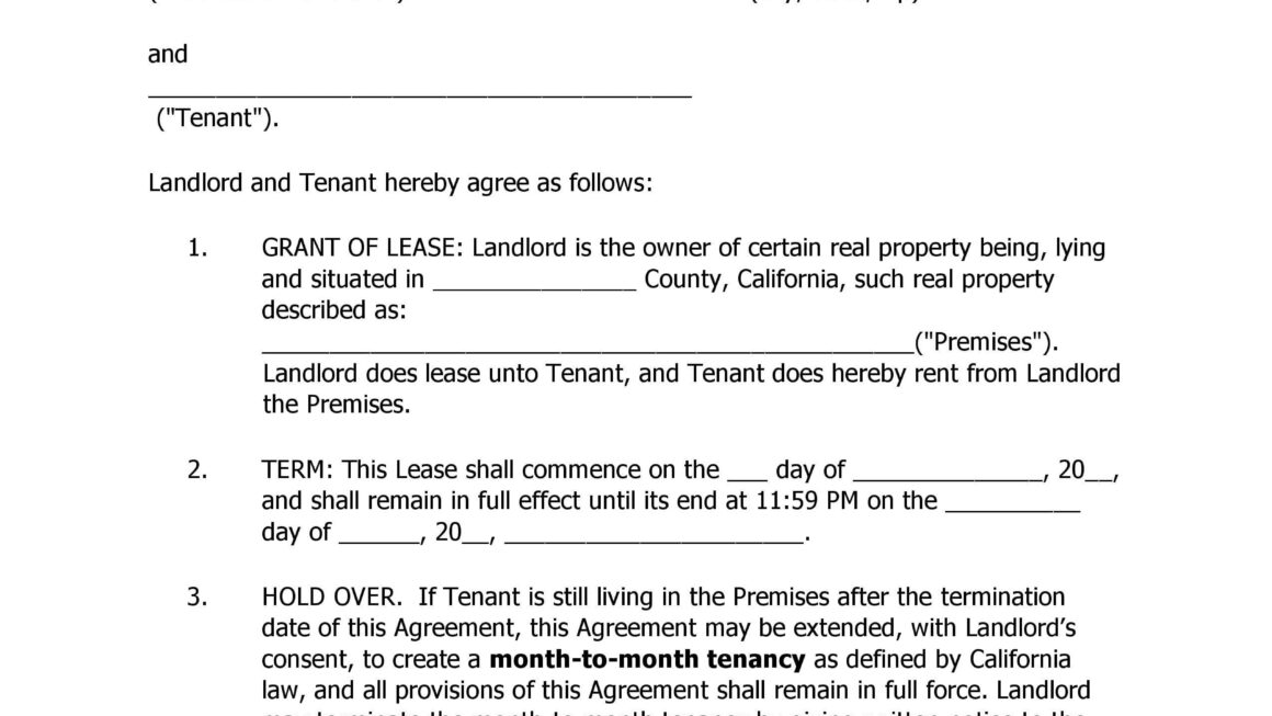 Download Free California Residential Rental Agreement Printable Lease