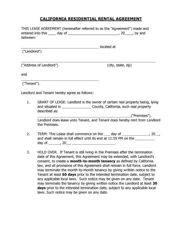 Blank California Residential Lease Agreement Printable