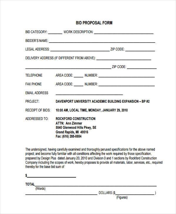 Downloadable Blank Free Printable Bid Proposal Forms Downloadable Blank Free Printable Bid Proposal Forms