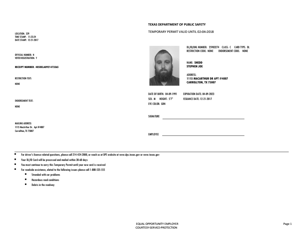 Downloadable Printable Blank Texas Temporary Paper Id Template 