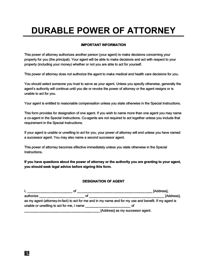 Durable Power Of Attorney Printable Blank Form Printable Forms Free Durable Power Of Attorney Printable Blank Form Printable Forms Free