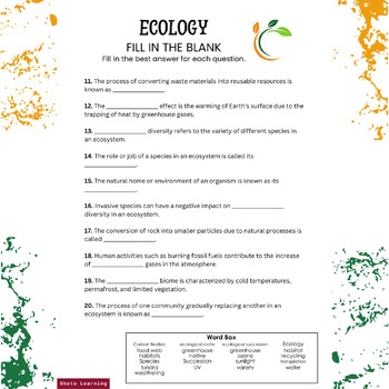 Ecology Mastery Fill In The Blank Worksheets For Environmental Knowledge 