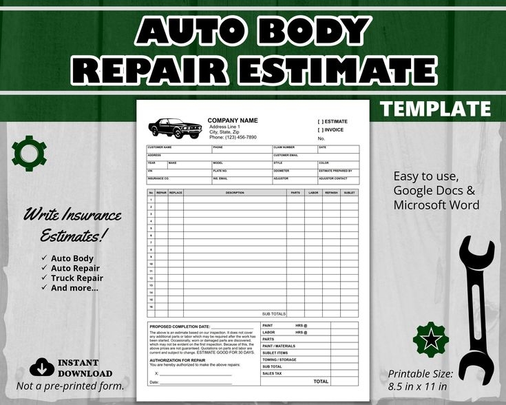 Printable Blank Auto Body Repair Estimate Forms