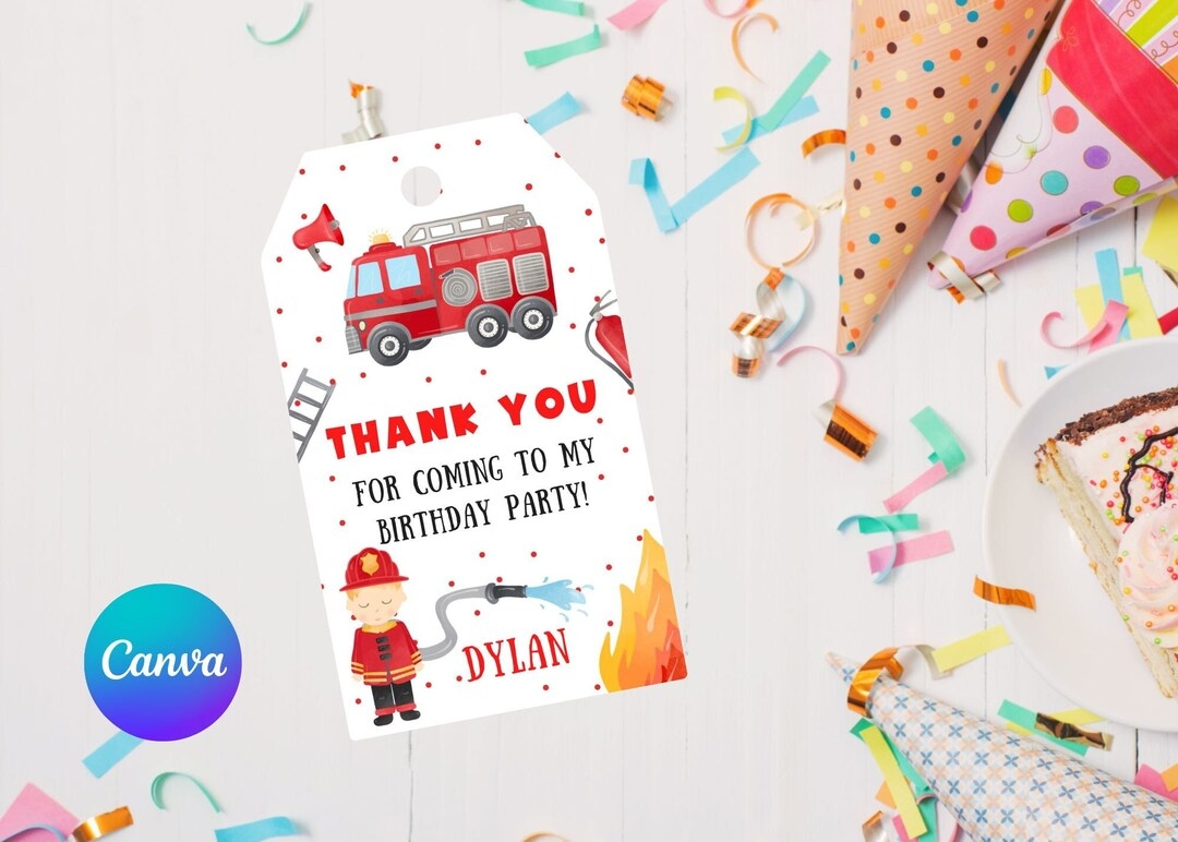 Editable Firetruck Thank You Tag firetruck Favor Tags truck Theme Party 