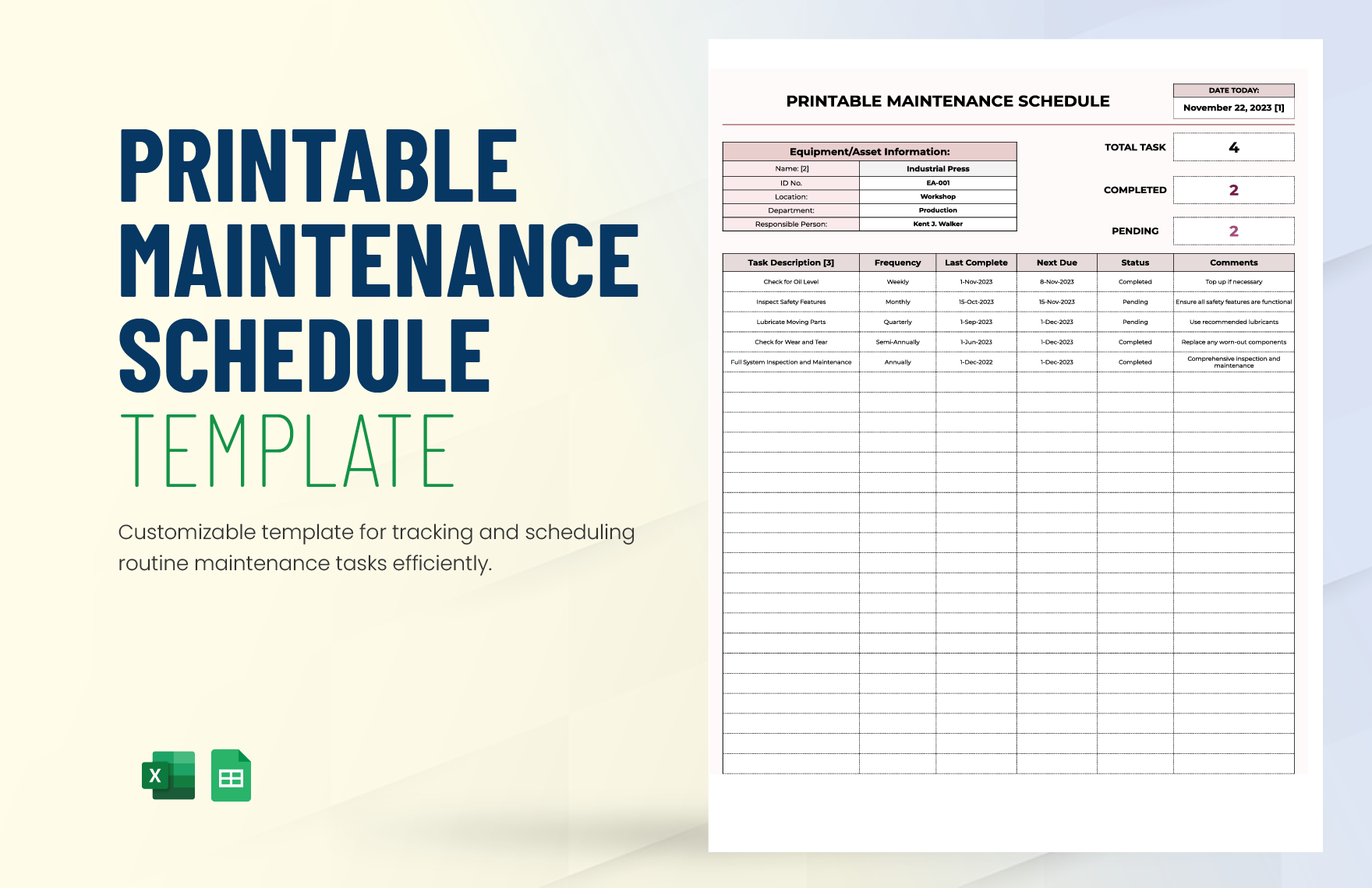 Editable Maintenance Schedule Templates In Excel To Download