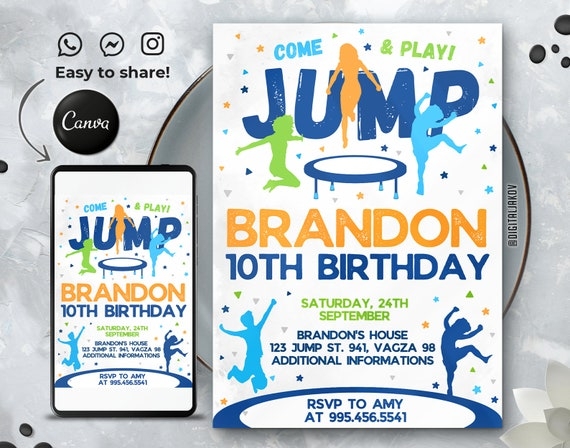 Editable Trampoline Park Invitation Template Printable Birthday Party Editable Trampoline Park Invitation Template Printable Birthday Party