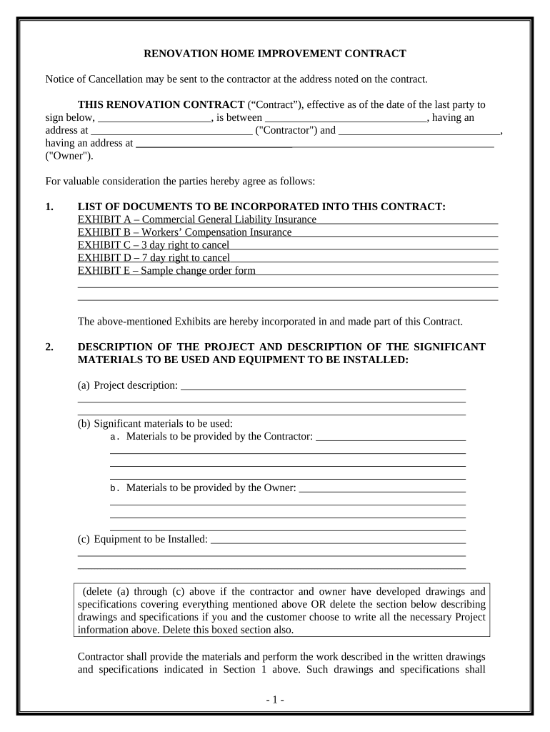 Fill In Blank Printable Remodeling Contract Fill In Blank Printable Remodeling Contract