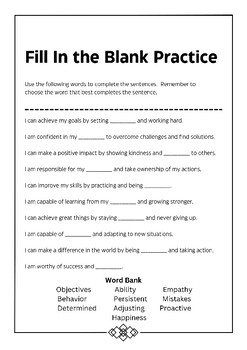Fill In The Blank Worksheet Empowering Affirmations By SPED EDIT Fill In The Blank Worksheet Empowering Affirmations By SPED EDIT