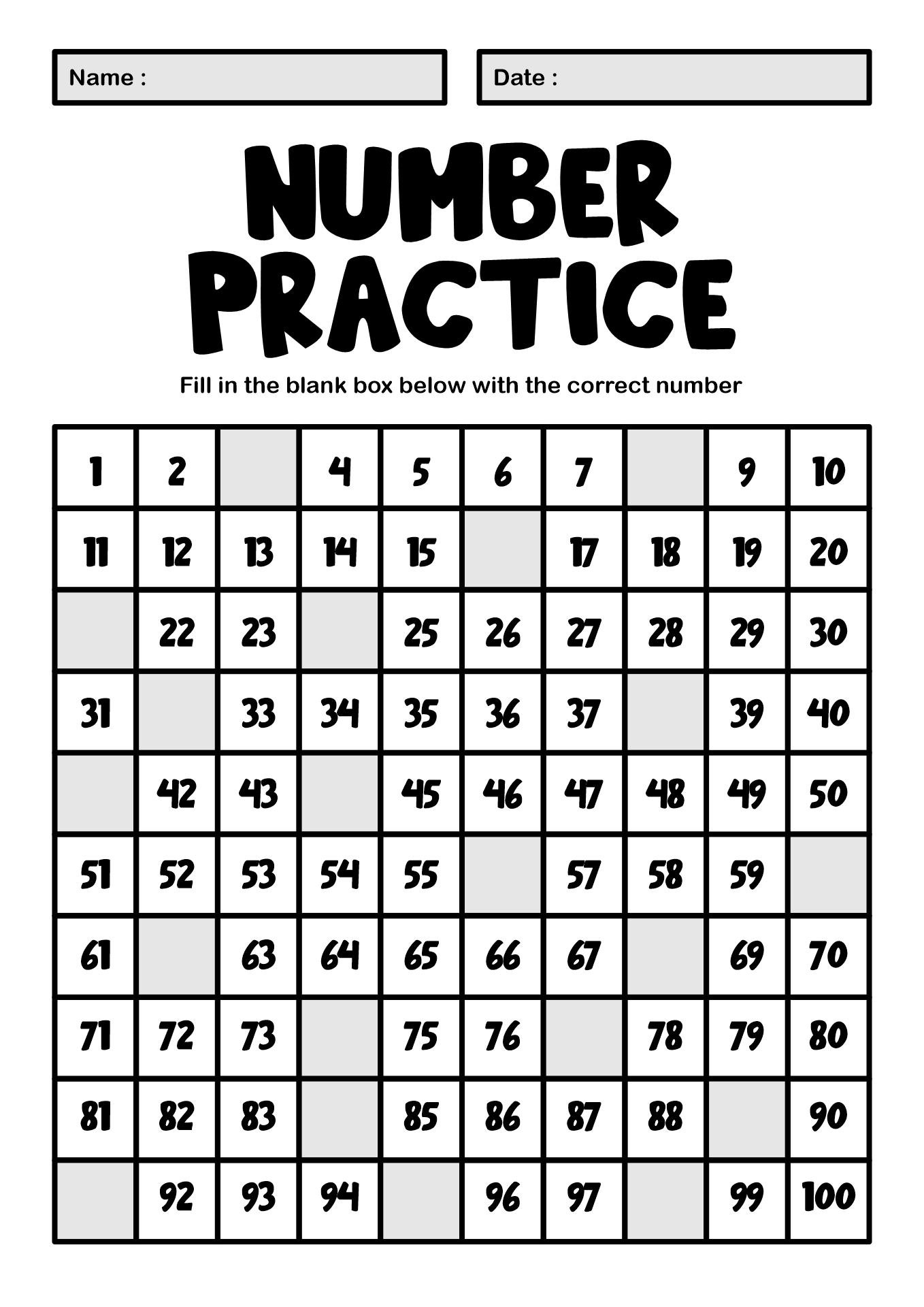 Fill In The Blanks Numbers 1 100 Worksheets
