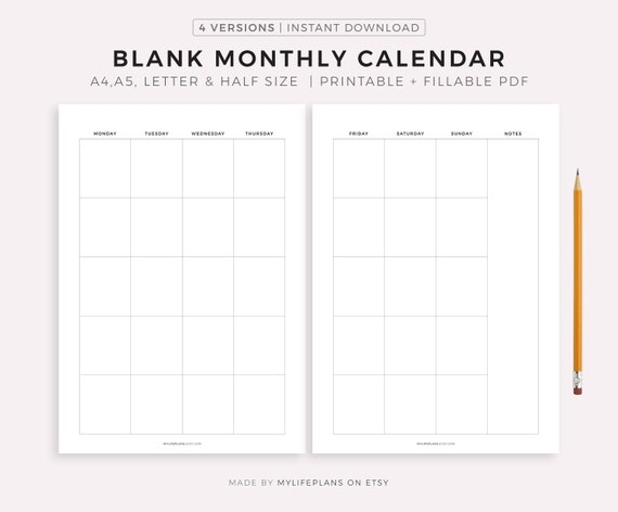 Fillable Blank Monthly Calendar Downloadable And Printable