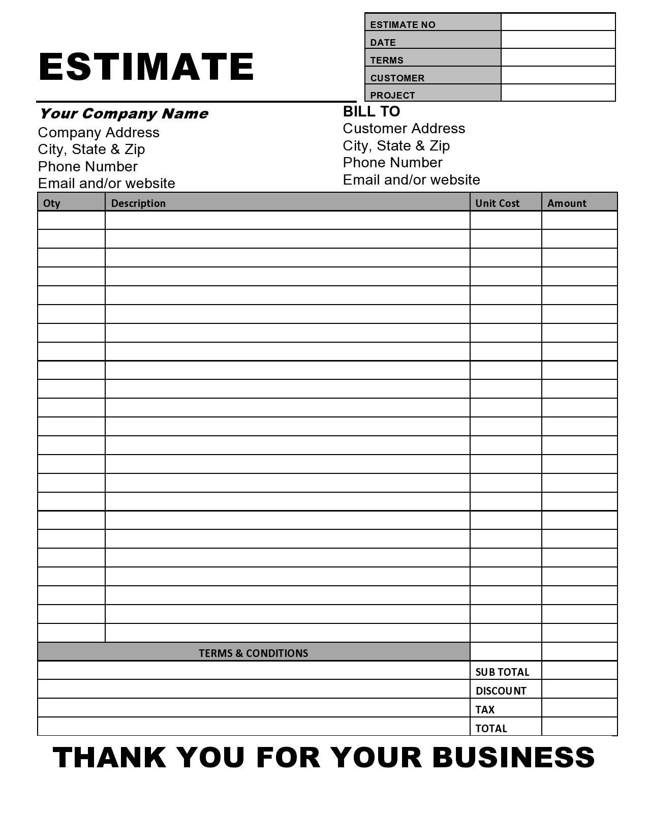Free Blank Printable Contractor Estimate Form