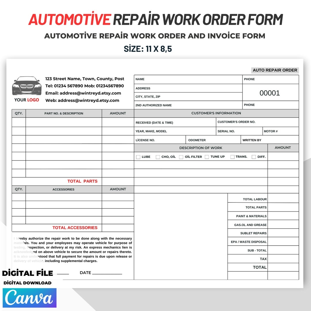 Formulario De Factura Y Orden De Trabajo De Reparaci n De Autom viles Formulario De Factura Y Orden De Trabajo De Reparaci n De Autom viles