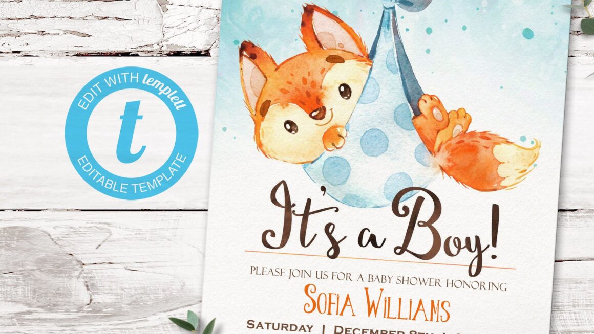 Fox Baby Shower Invitation Boy Printable 5x7 Invite INSTANT DOWNLOAD