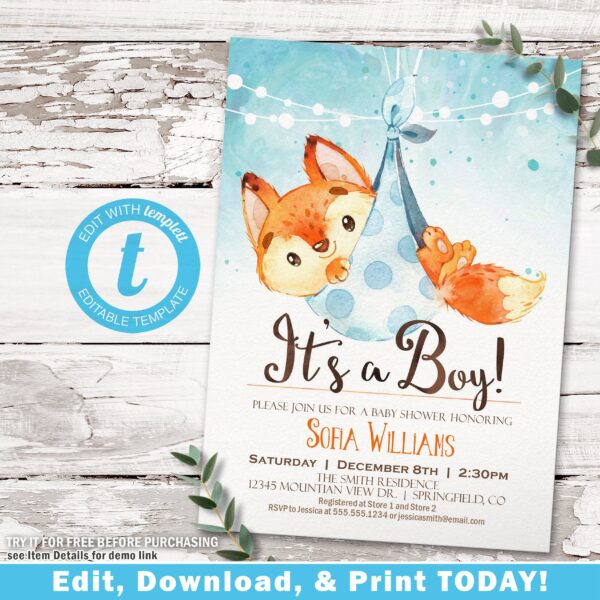 Printable Blank Fox Baby Shower Invitation