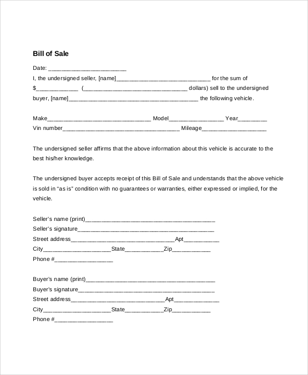 FREE 8 Sample Bill Of Sale For Vehicle Templates In MS Word PDF