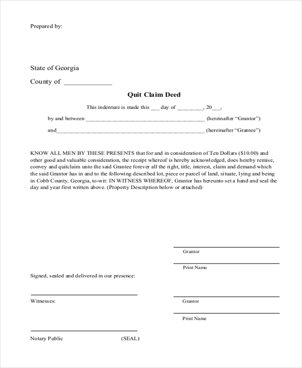 Free Printable Blank Quick Claim Deed Form