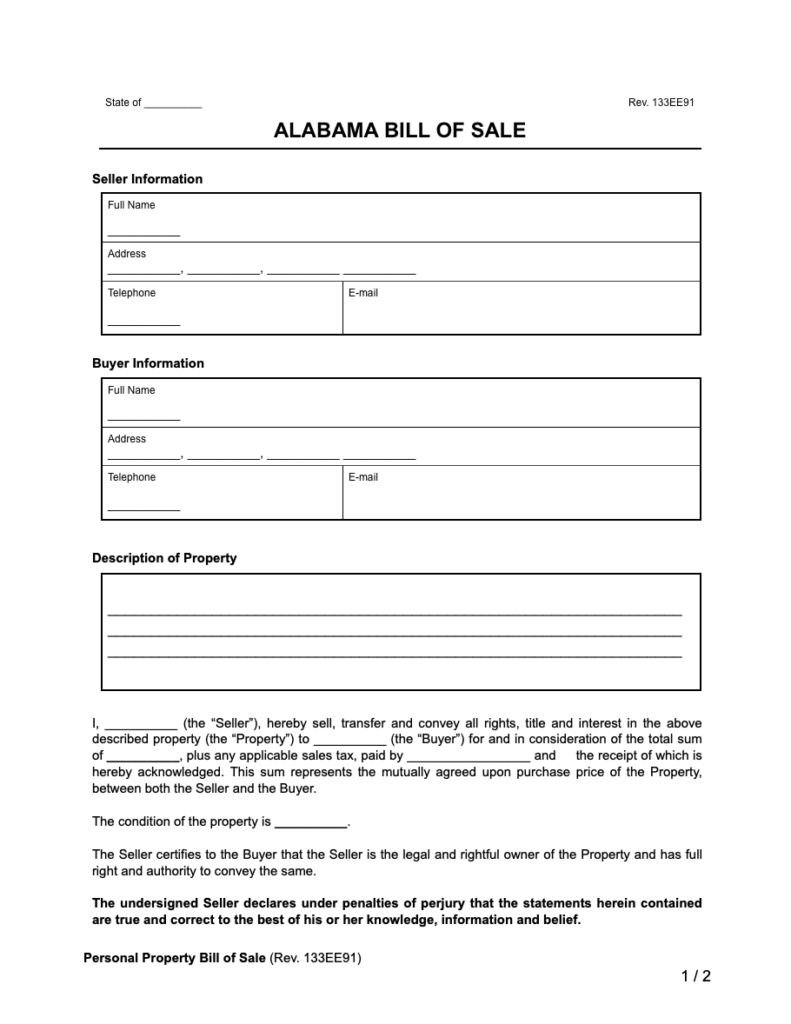 Free Printable Blank Bill Of Sale Alabama