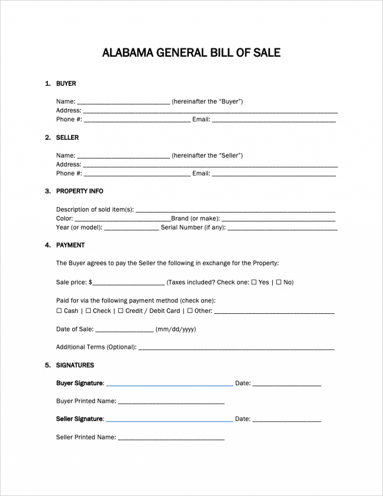Free Alabama Bill Of Sale Forms PDF WORD RTF