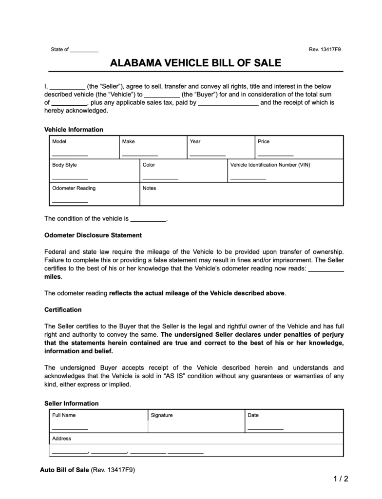 Free Alabama Motor Vehicle Bill Of Sale Form PDF Word