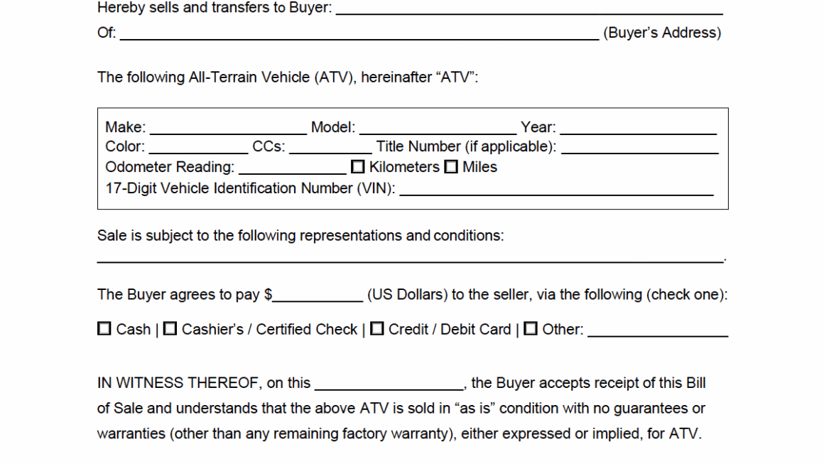 Free ATV Bill Of Sale Form PDF Word