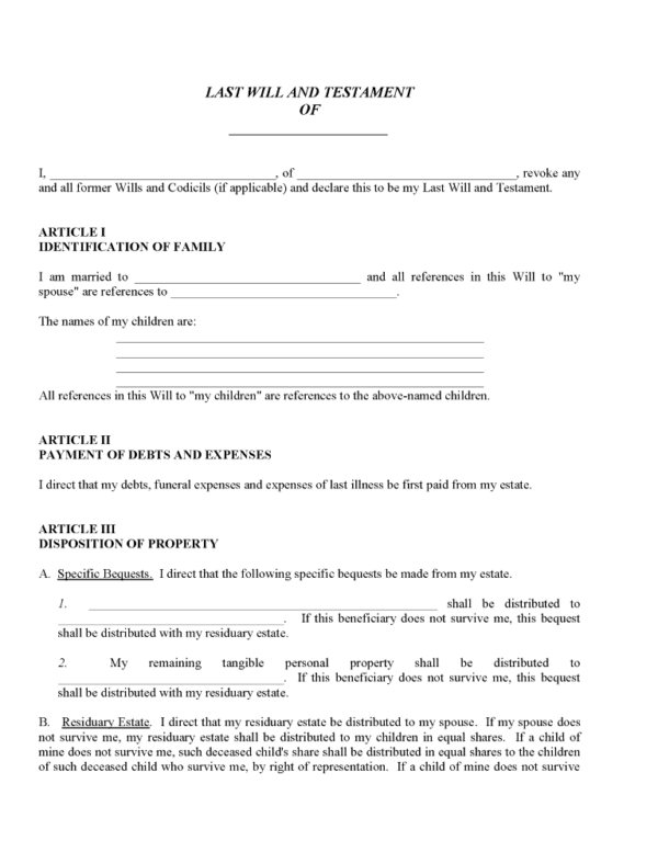 Printable Copy Of A Blank Will