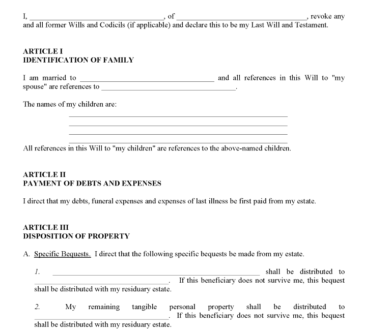 Free Blank Wills To Print Free Printable Legal Forms