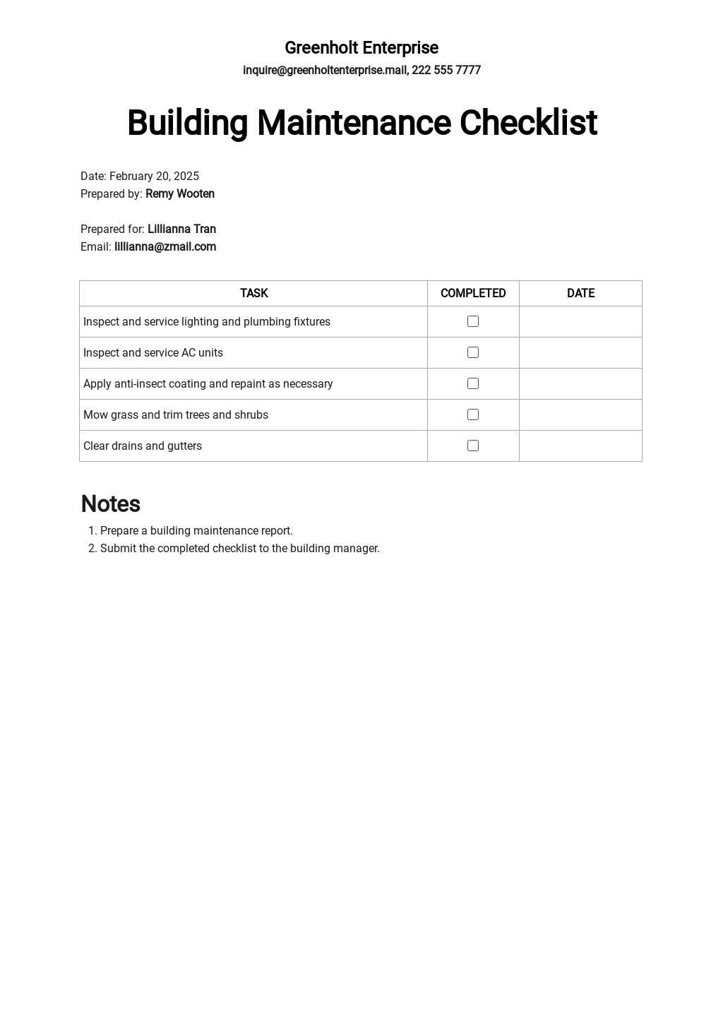 Printable Blank Building Maintenance Checklist Template