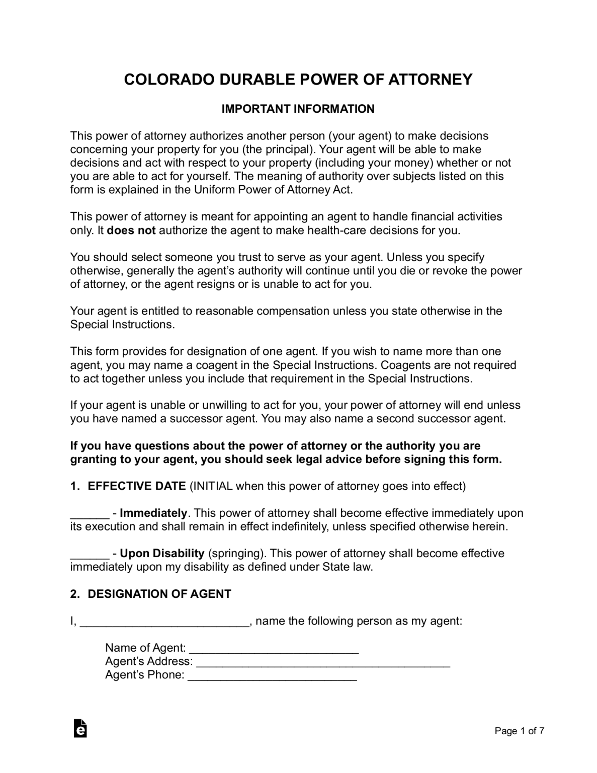 Blank Printable Power Of Attorney Form Colorado Blank Printable Power Of Attorney Form Colorado