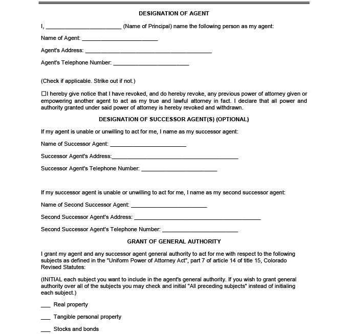 Free Colorado Power Of Attorney Forms PDF Word