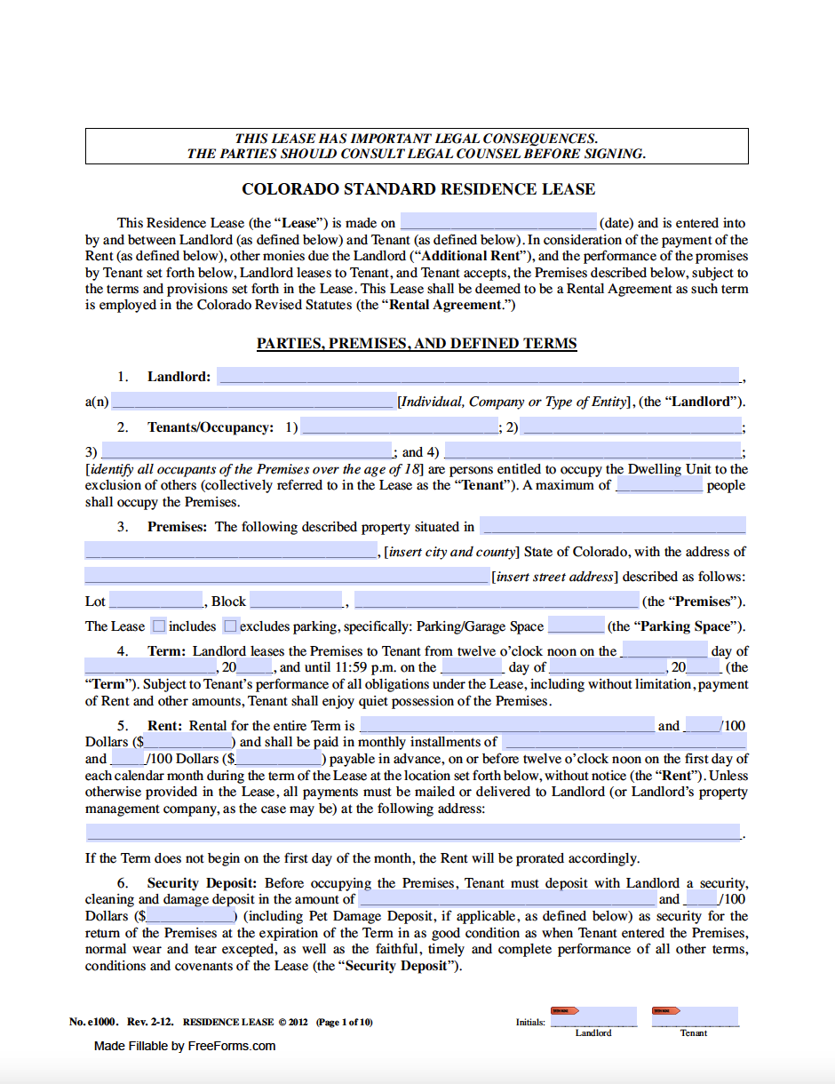 Free Colorado Standard Residential Lease Agreement Template PDF WORD Free Colorado Standard Residential Lease Agreement Template PDF WORD