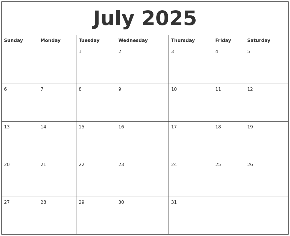Free Downloadable July 2025 Calendar 2025 Ben Trethowan