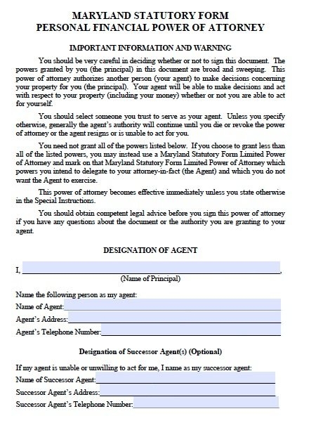 Free Durable Power Of Attorney Form Maryland