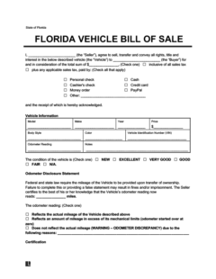 Free Florida Motor Vehicle Bill Of Sale Form PDF Word