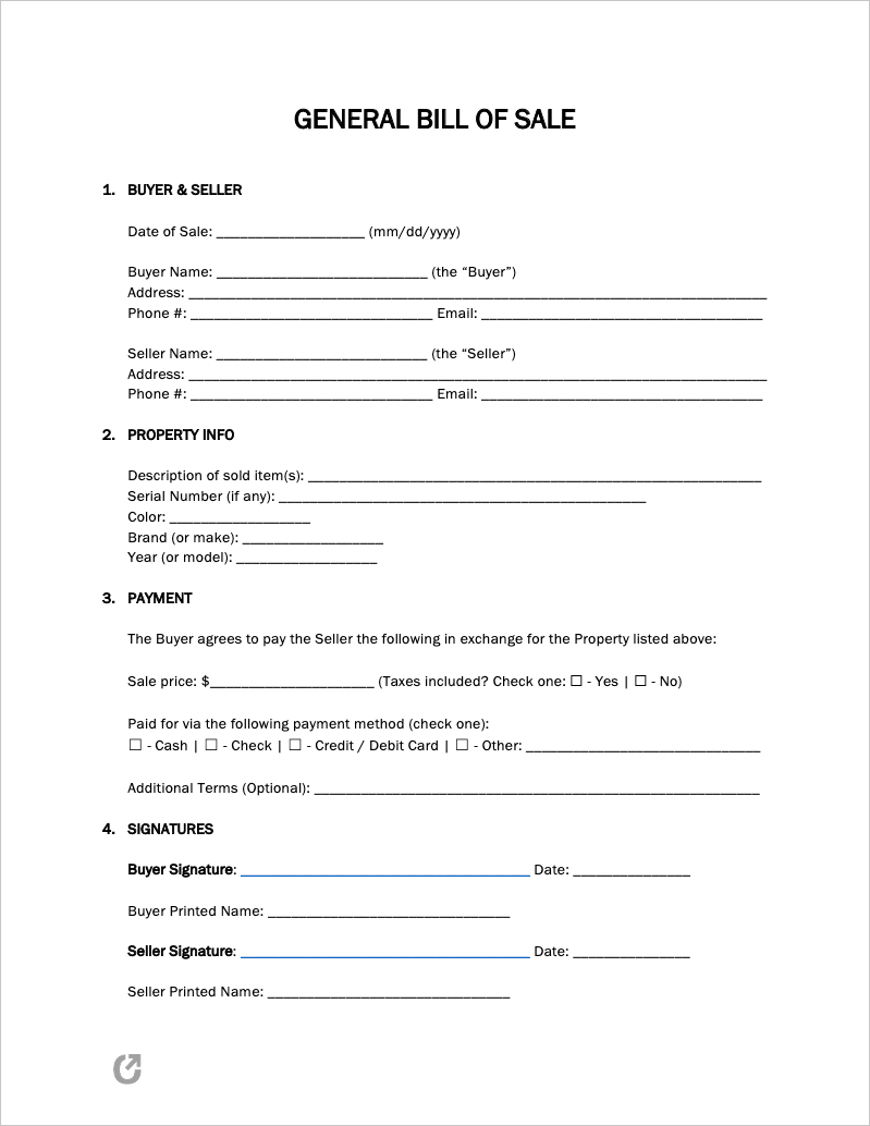 Blank General Bill Of Sale Printable Blank General Bill Of Sale Printable