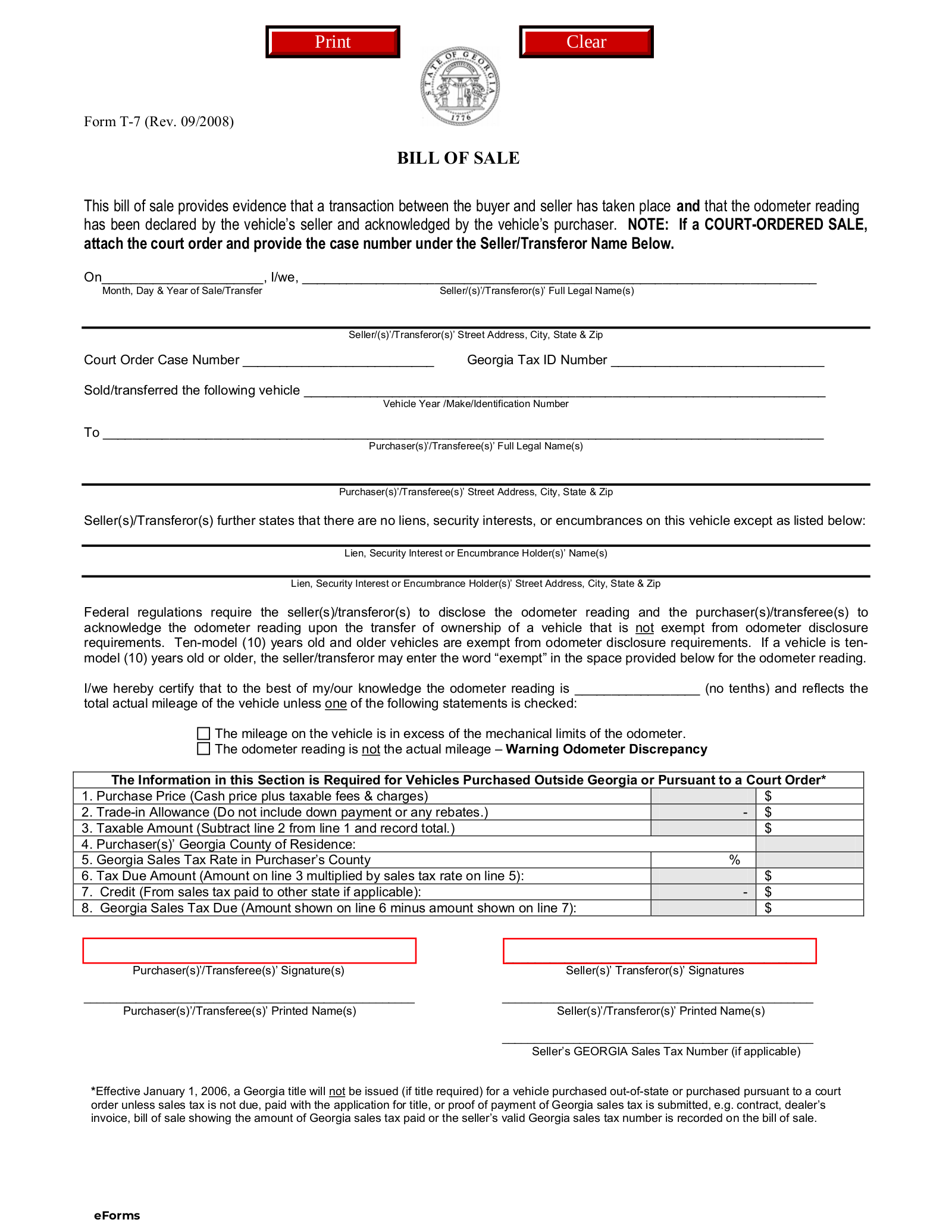 Free Georgia Motor Vehicle Bill Of Sale Form T 7 PDF EForms Free Georgia Motor Vehicle Bill Of Sale Form T 7 PDF EForms