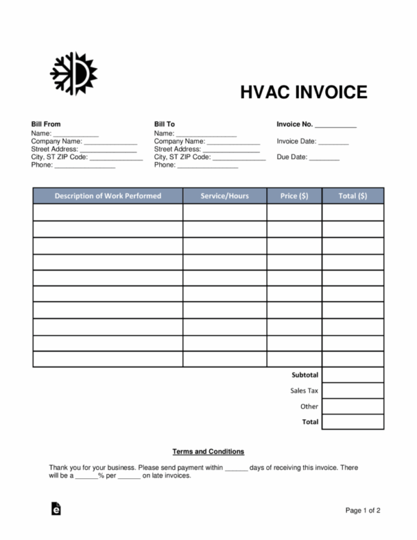 Free Printable Blank Hvac Invoices Forms