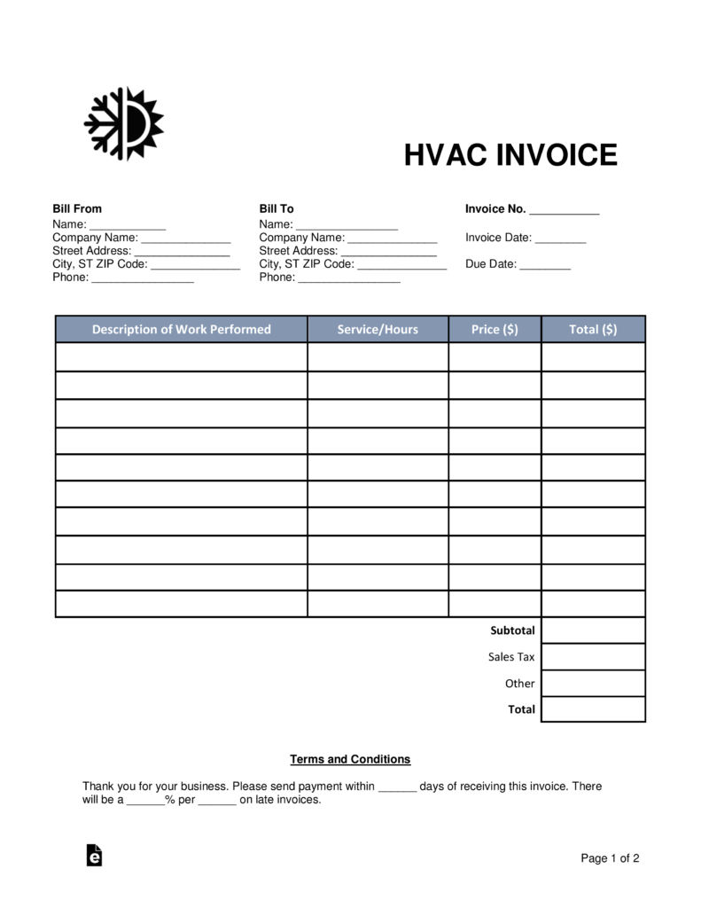 Free HVAC Invoice Template Word PDF EForms Free HVAC Invoice Template Word PDF EForms