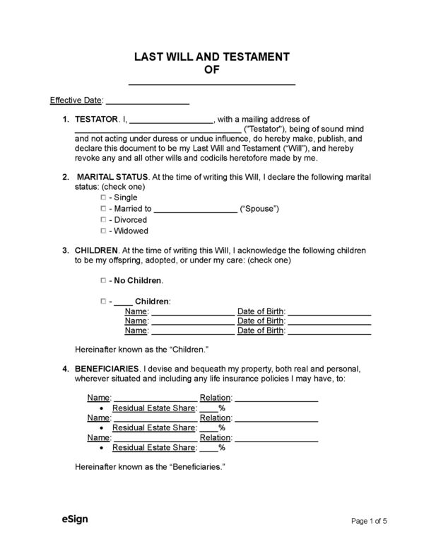 Printable Blank Last Wills And Testaments