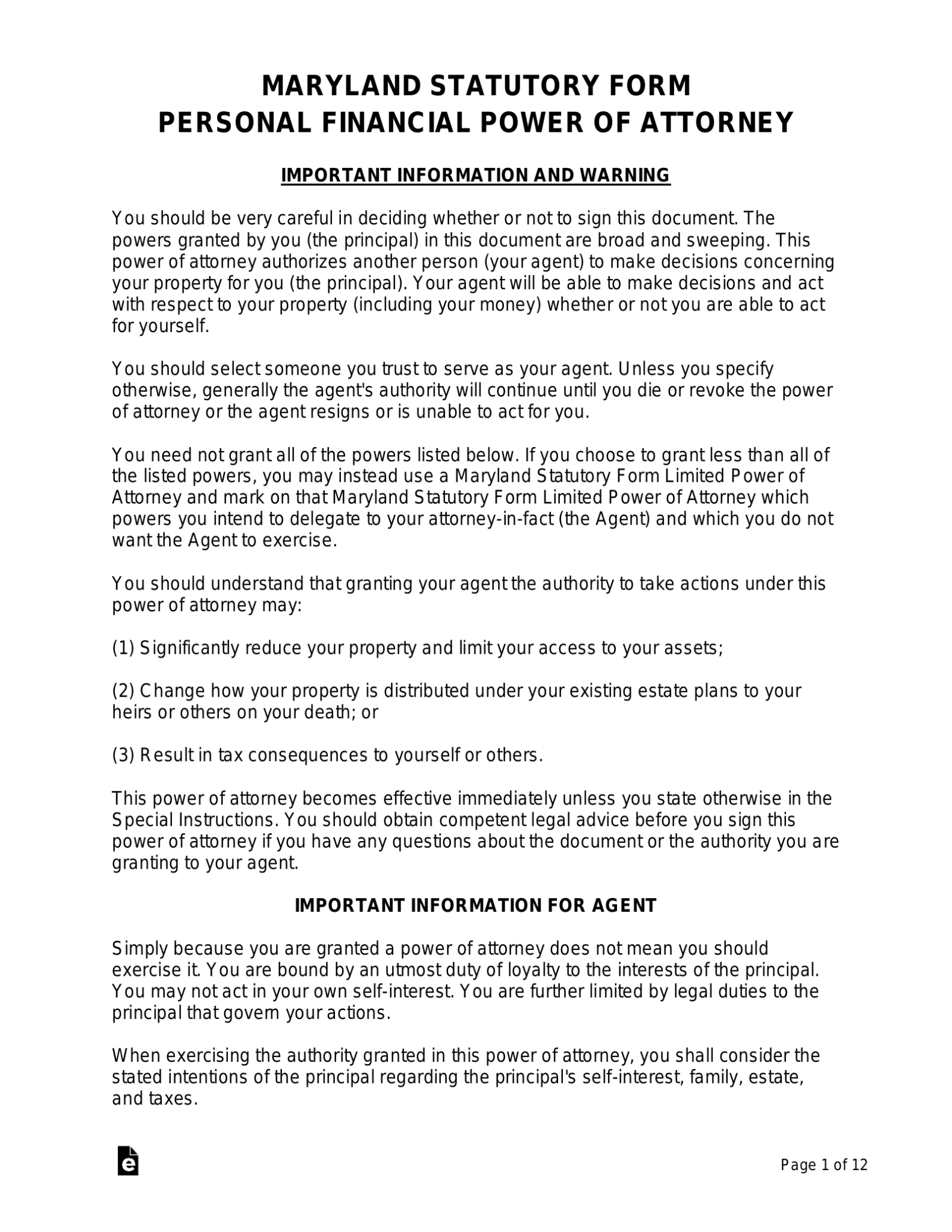 Free Maryland Durable Statutory Power Of Attorney Form PDF Word 