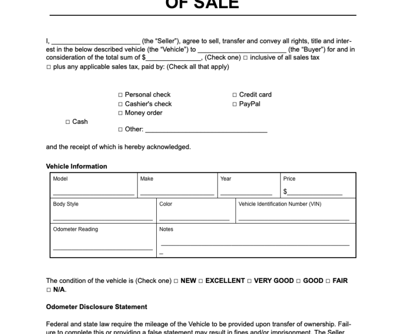 Free North Carolina Motor Vehicle Bill Of Sale Form Legal Templates