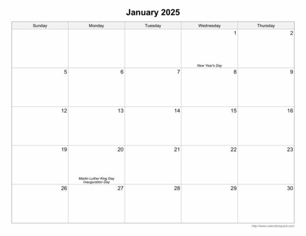 Blank Printable 5 Day Monthly 2025 Calendar