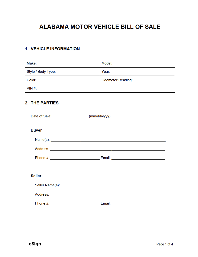 Free Printable Alabama Vehicle Bill Of Sale