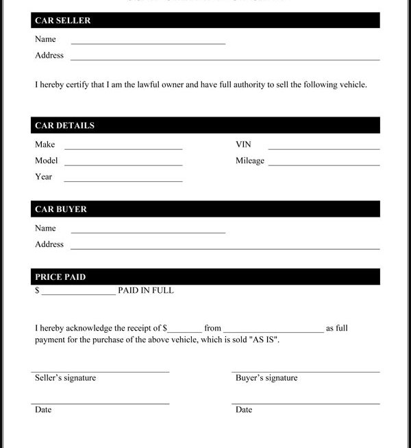 Free Printable Auto Bill Of Sale Form GENERIC