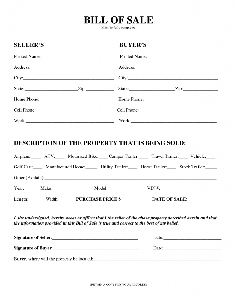 Free Printable Bill Of Sale For RV Form GENERIC Free Printable Bill Of Sale For RV Form GENERIC
