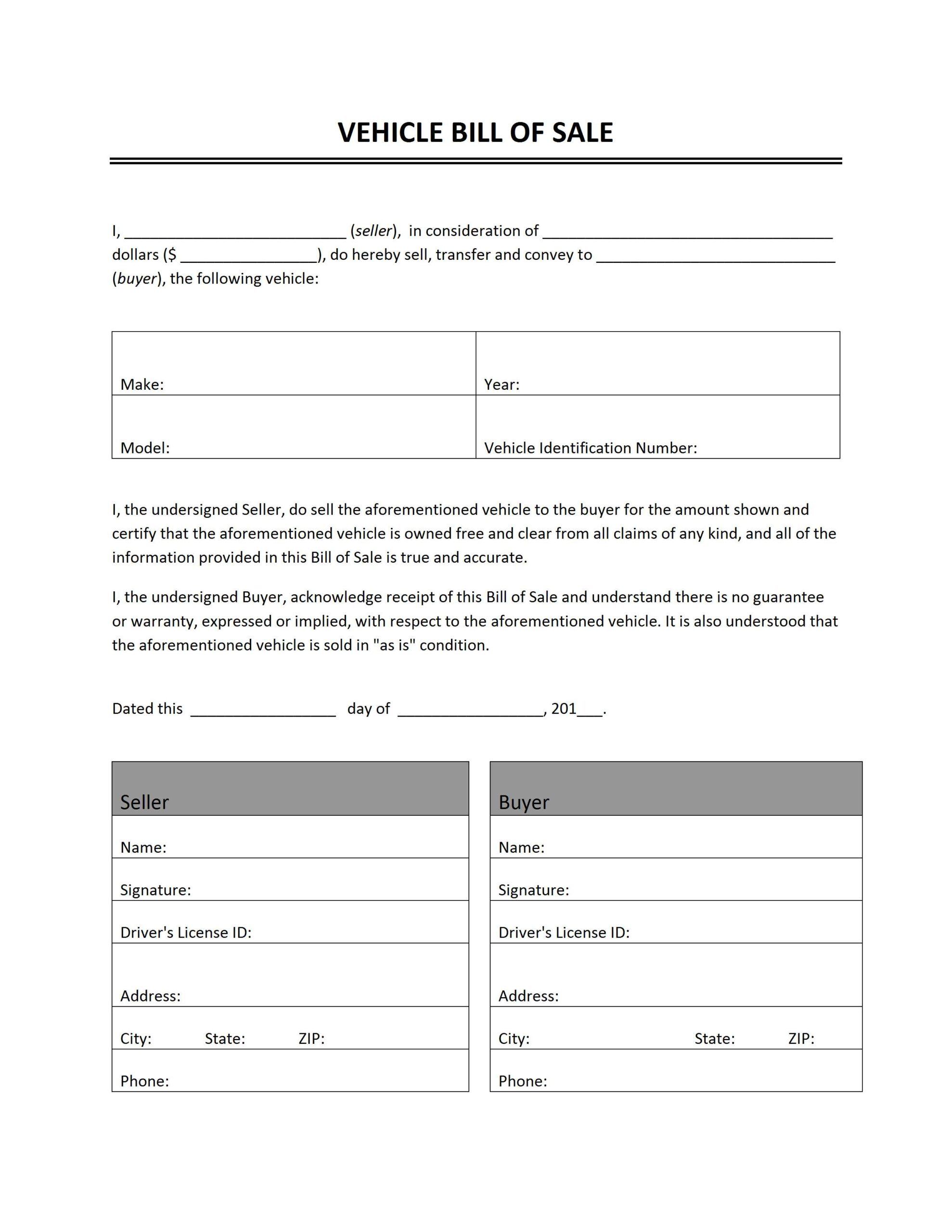 Free Printable Blank Auto Bill Of Sale Free Printable Blank Auto Bill Of Sale
