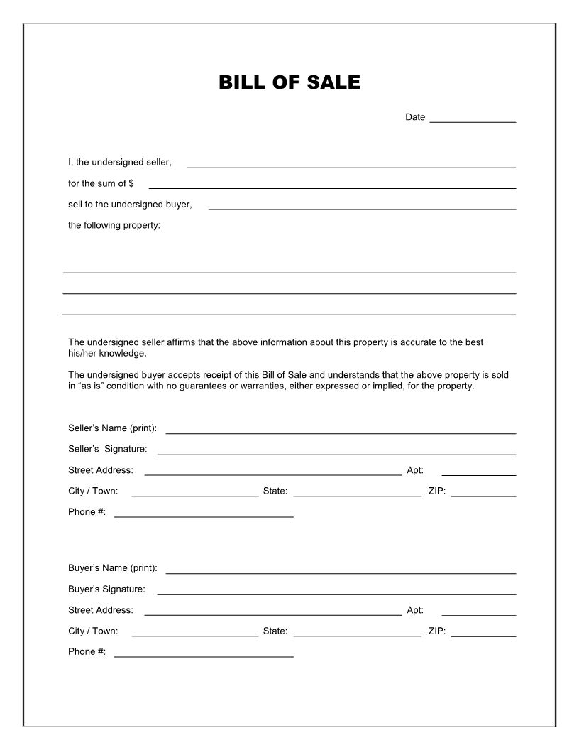 Free Printable Blank Bill Of Sale Form