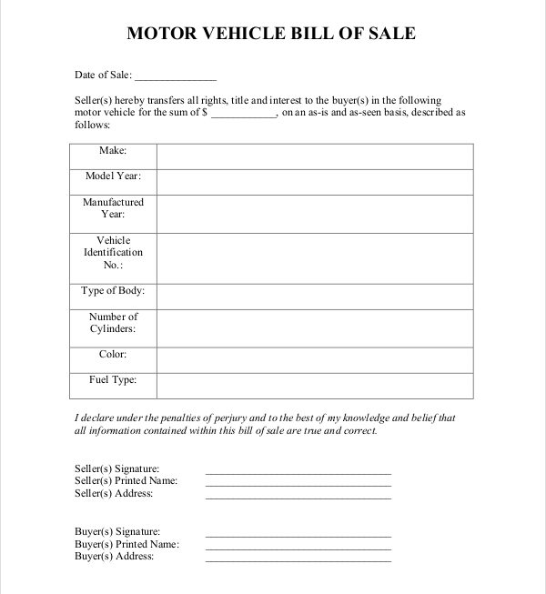 Free Printable Blank Bill Of Sale Free Templates Printable
