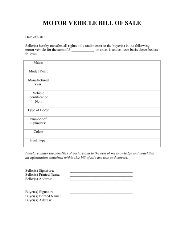 Free Printable Blank Bill Of Sale Free Templates Printable