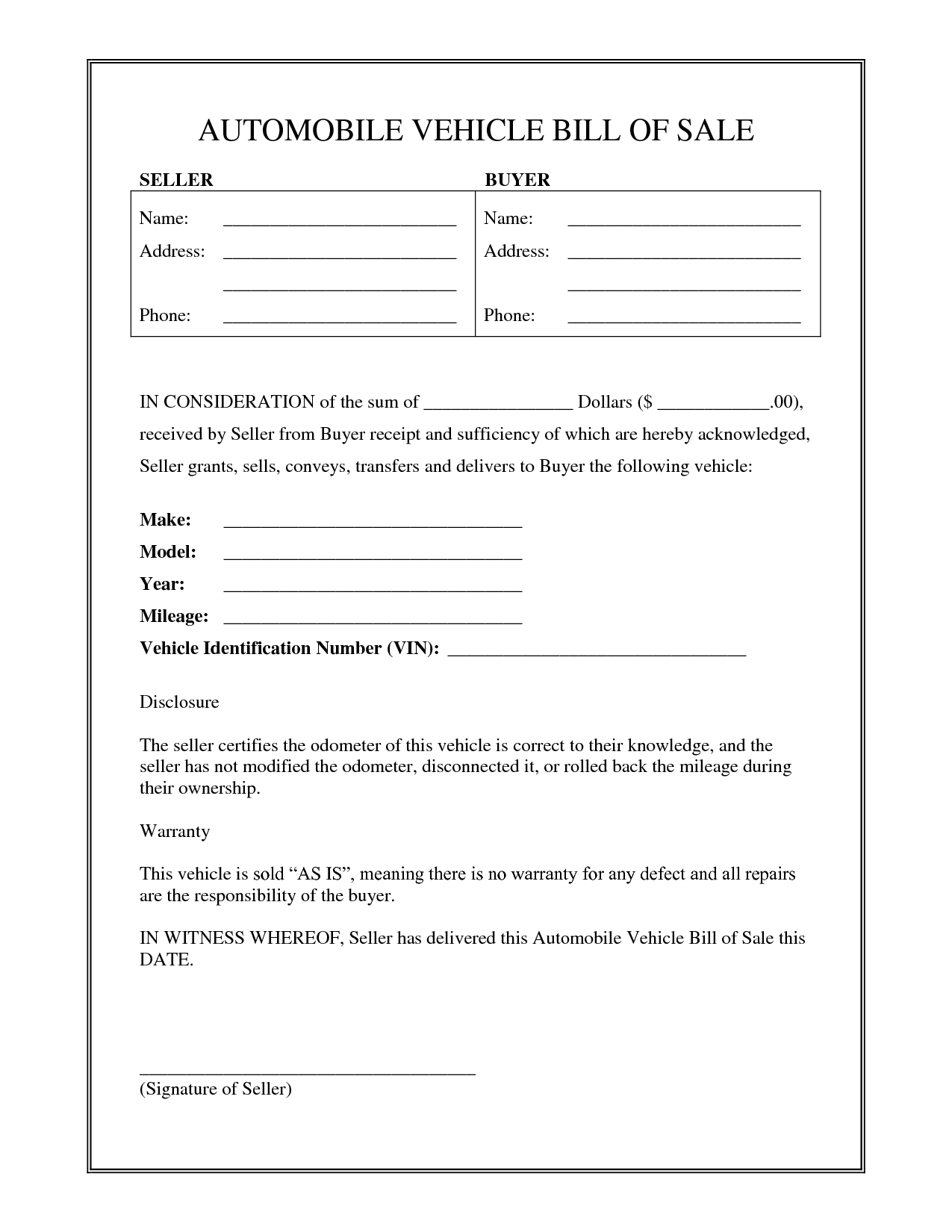 Free Printable Blank Bill Of Sale Template For Vehicle Cartjes
